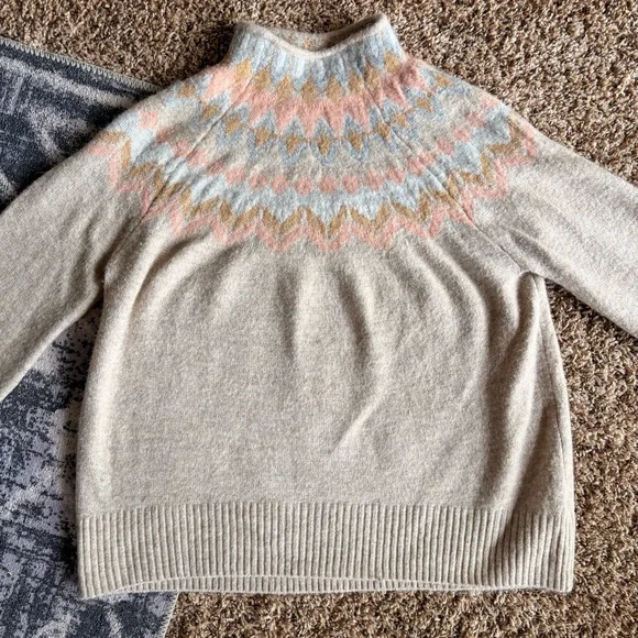 CeCe Cream and Pink Cowl Neck Sweater with Fair Isle Pattern - Picture 3 of 6